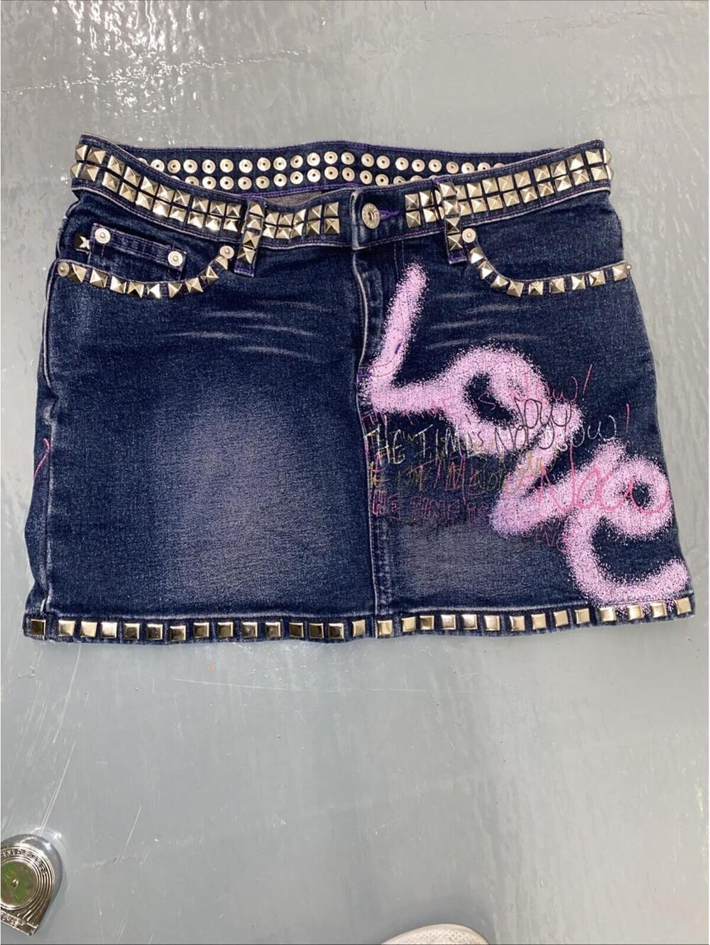 Vtg Y2K Express Love Graffiti Soft Denim Distressed Studs Mini Skirt Size 1/2